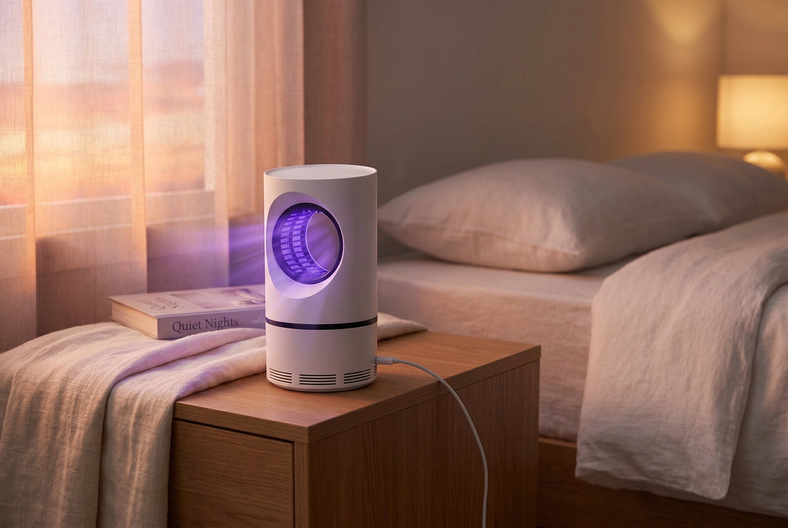 MousKill mosquito killer lamp on a nightstand at dusk with soft purple UV glow