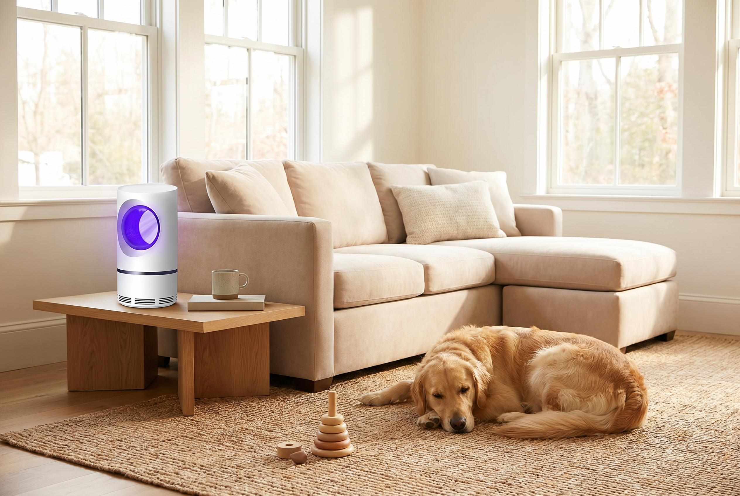 MousKill lamp in a family living room with a golden retriever nearby